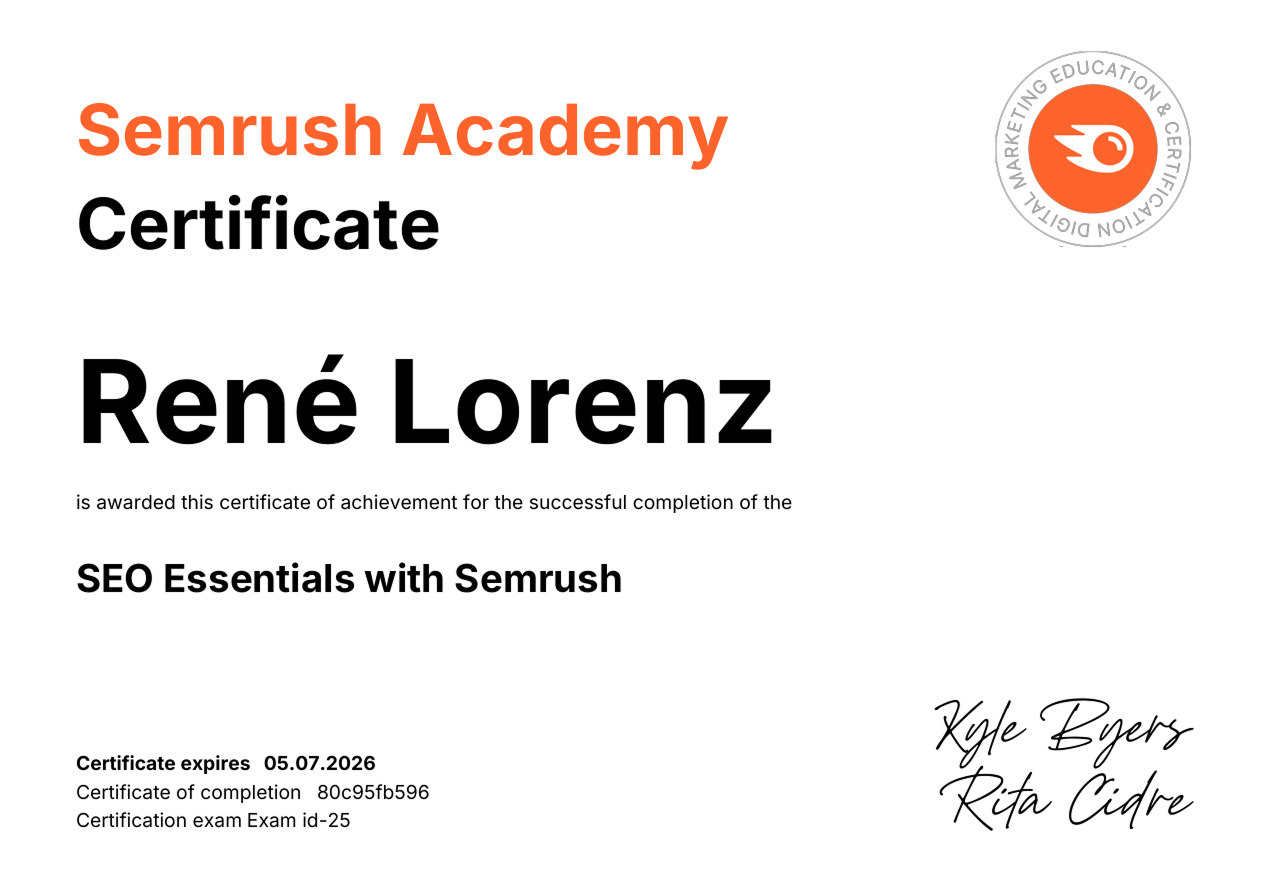 Zertifikat von René Lorenz über den erfolgreichen Abschluss des SEO Essentials Kurses an der Semrush Academy, gültig bis 05.07.2026.