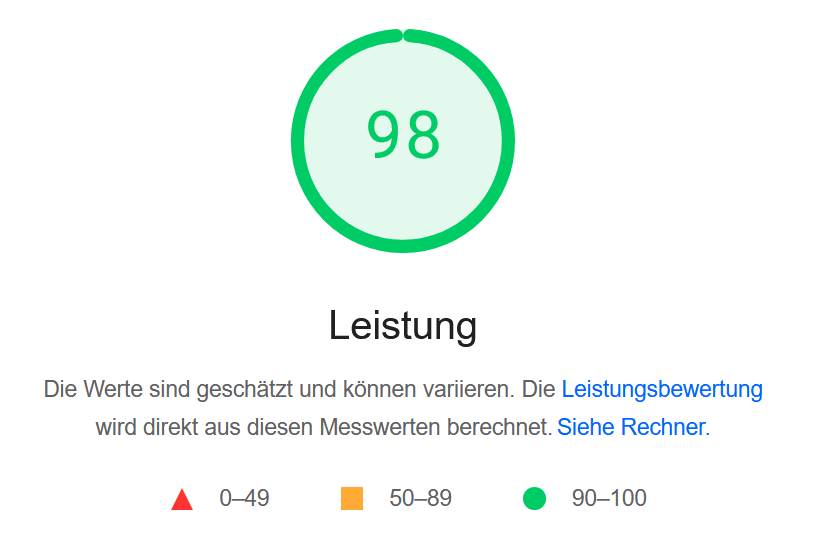 Leistungsauszug meiner Seite von PageSpeed Insights.
