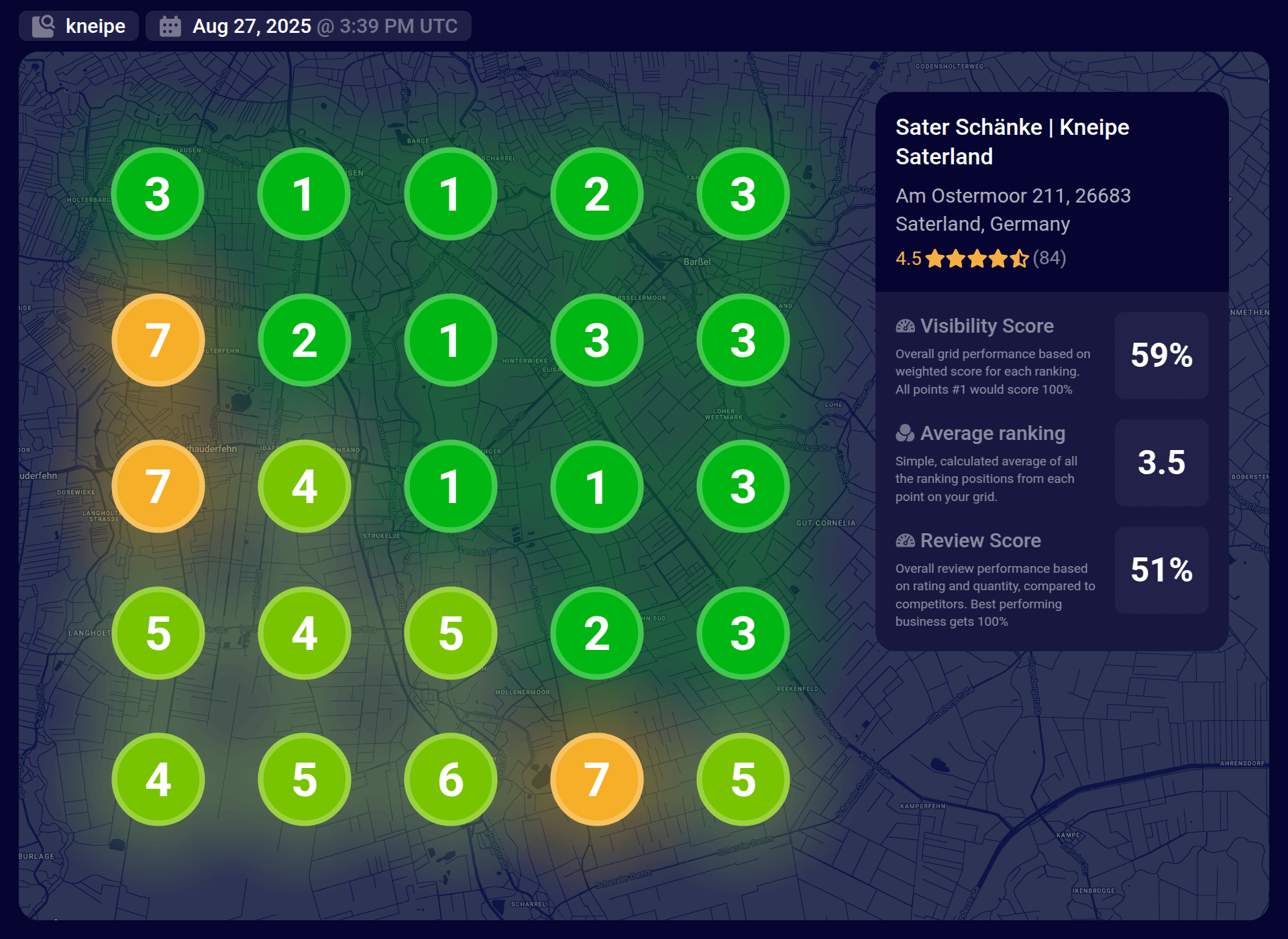 Local Ranking Grid der Sater Schänke für die Veranschaulichung der lokalen Rankings bei Google Maps. Erstellt über das Whitespark Tool.