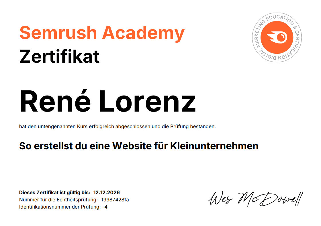 Semrush Zertifikat für den Kurs: So erstellst du eine Website für Kleinunternehmen.