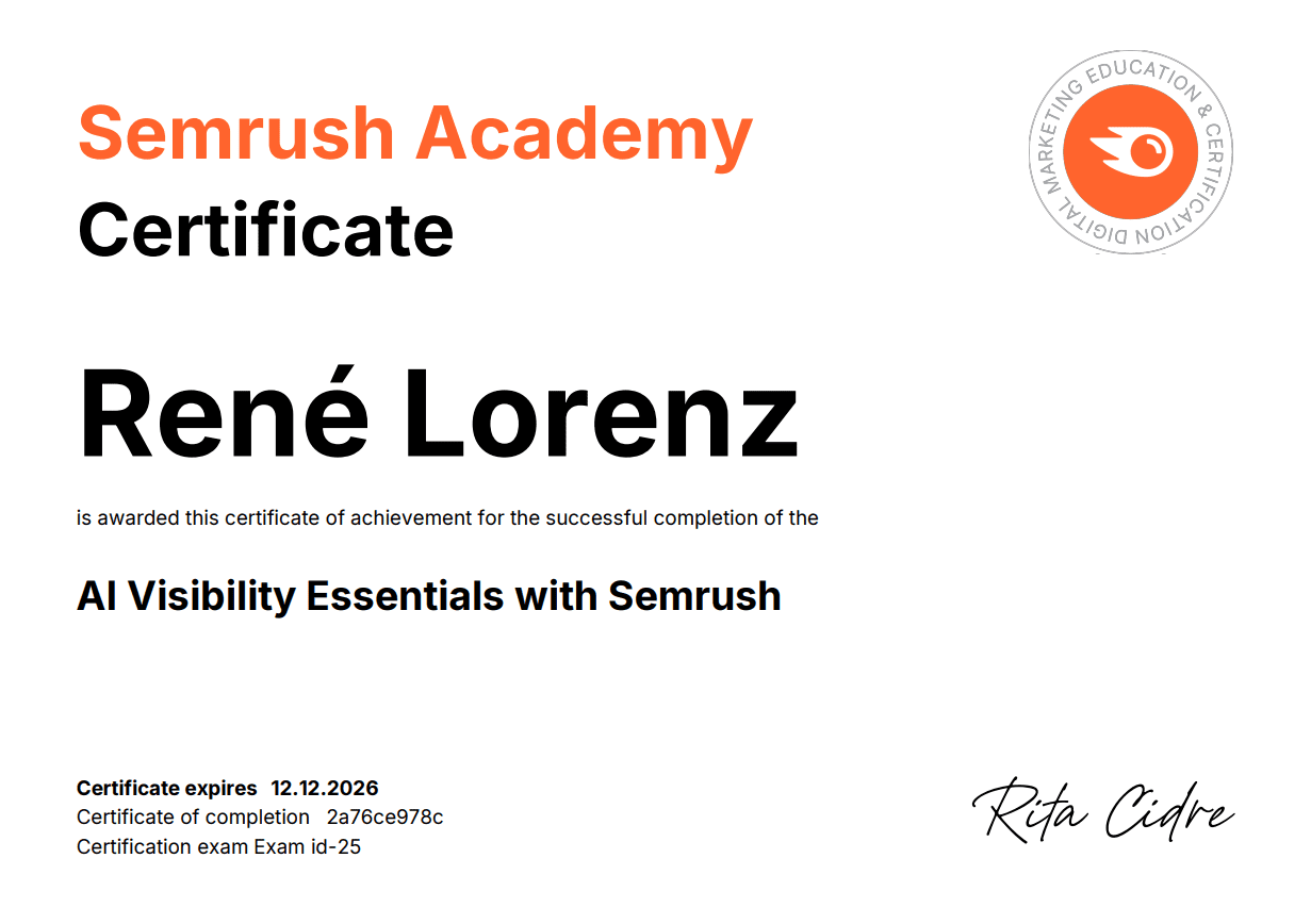 Semrush Zertifikat für den Kurs: AI Visibility Essentials with Semrush.