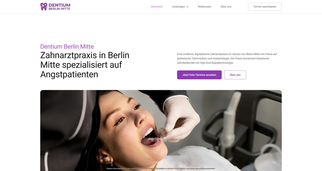 Webdesign Portfolio für lokale Firmenwebsites. Website Idee zum fiktiven Unternehmen "Dentium" Zahnarztpraxis.