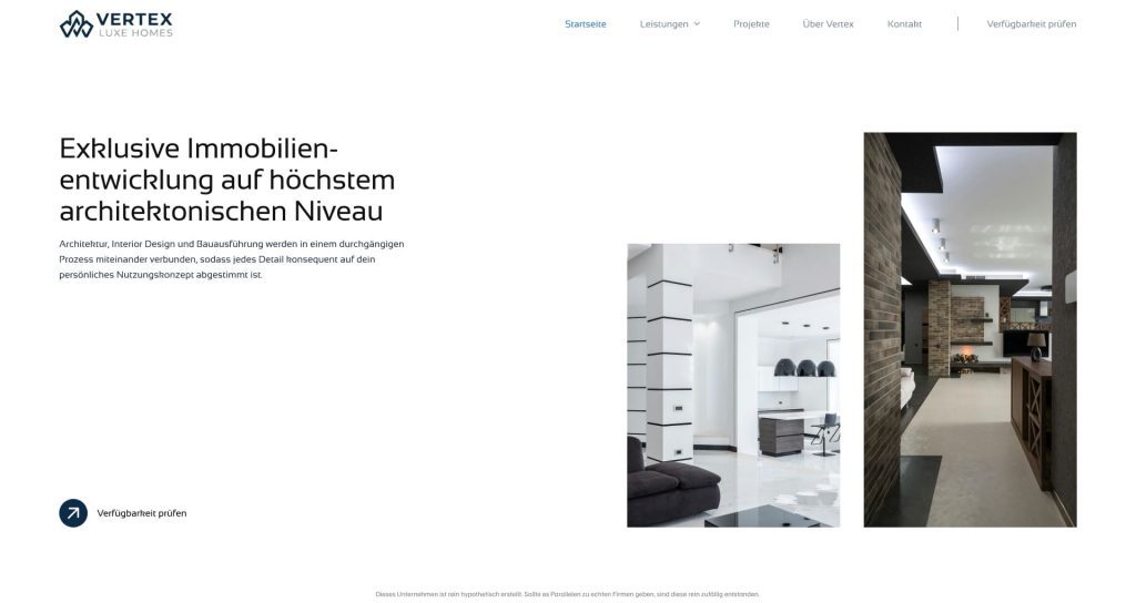 Webdesign Portfolio für lokale Firmenwebsites. Website Idee zum fiktiven Unternehmen "Vertex Luxe Homes".