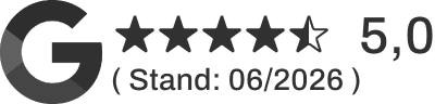 Google Bewertungen mit einer 5,0 Gesamtbewertung. Stand Juni 2026.